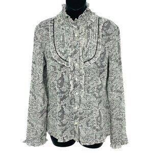 INC International Concept Top Size 8 Gray Floral Honeycomb Ruffle Silk Women New